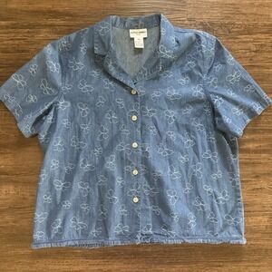 Vintage Alfred Dunner Petite Denim Butterfly Embroidered Shirt Size 18P Blue